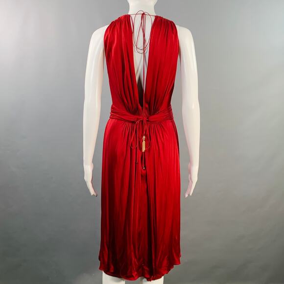 AZZARO Size 6 Woven Venus Red Viscose Plunging V-Neck Knee Length Cocktail Dress - Picture 4 of 9